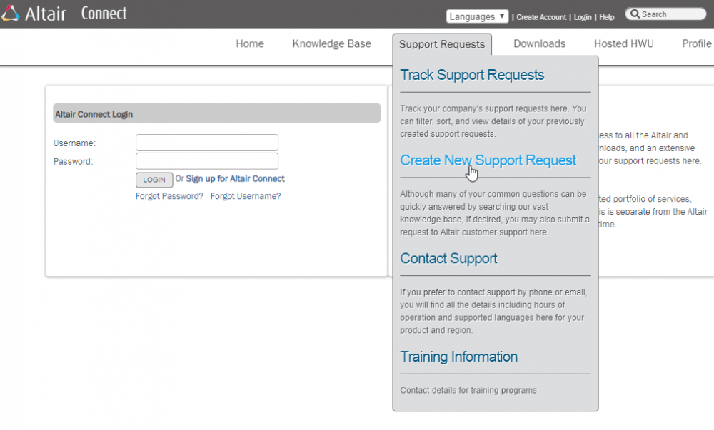 Altair Connect website Create New Support Request